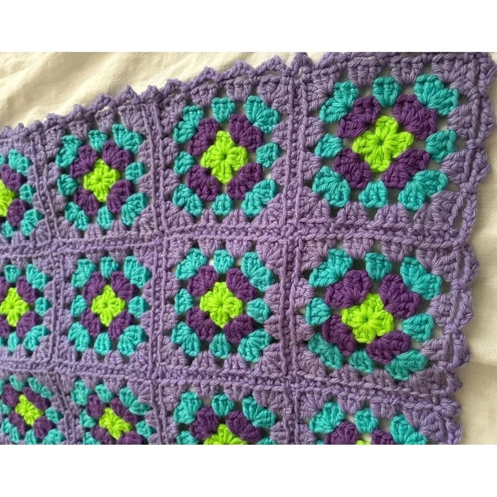 Hand Crocheted Granny Square Afghan 40x64 Purple Teal Green Vtg Blanket Retro